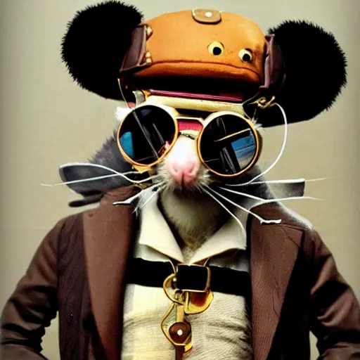 Prompt: a rat with steampunk googles, from One piece