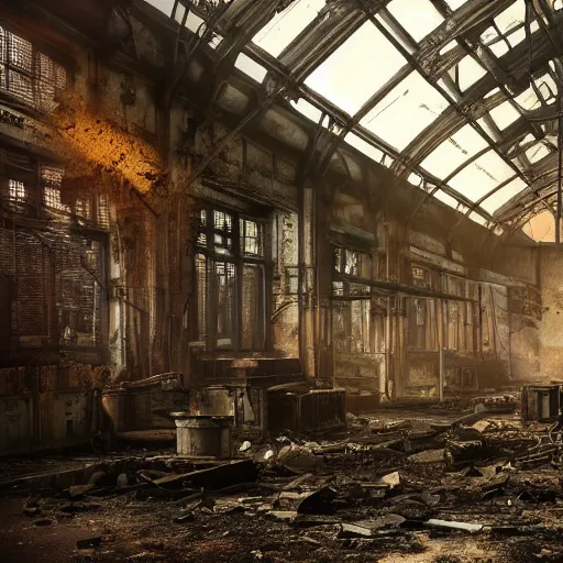 Image similar to fallout 5, indoors dilapidated partially ruined factory interior, rusted machinery, atmospheric lighting, painted, intricate, volumetric lighting, beautiful, daytime, sunny weather, slight overcast, golden hour, sharp focus, deep colours, ultra detailed, by leesha hannigan, ross tran, thierry doizon, kai carpenter, ignacio fernandez rios