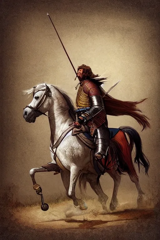 Image similar to ( ( ( ( ( ( ( a knight riding a horse with wagon wheels ) ) ) ) ) ) ) by chris mcgrath and greg rutowski and wlop!!!!!!!!!!!!!! muted colors, detailed