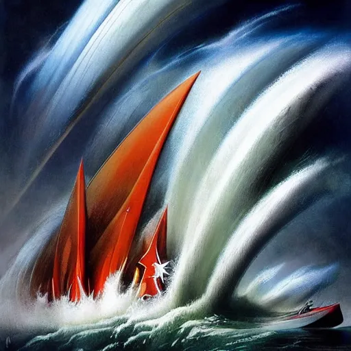 Image similar to by peter andrew jones, by rebeca saray tranquil. the installation art of a huge wave about to crash down on three small boats. the boats are filled with people, & they all look terrified.