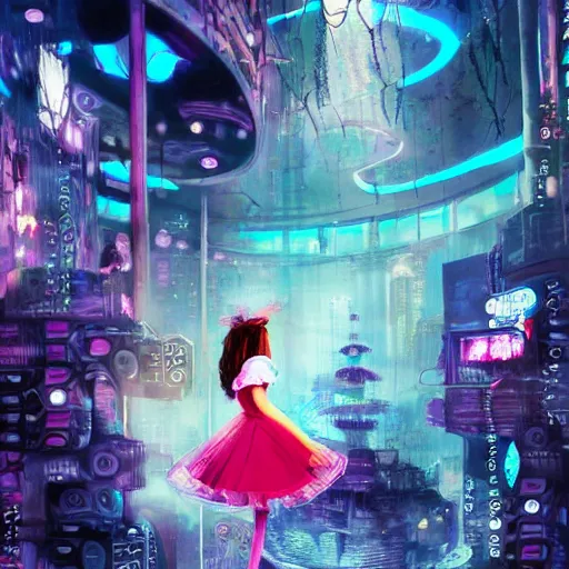 Image similar to alice in wonderland, cyberpunk