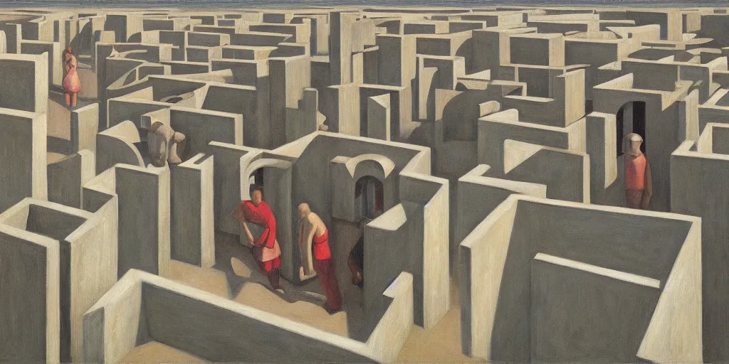 Image similar to first person view of a stark concrete maze, people peering into portholes, grant wood, pj crook, edward hopper, oil on canvas