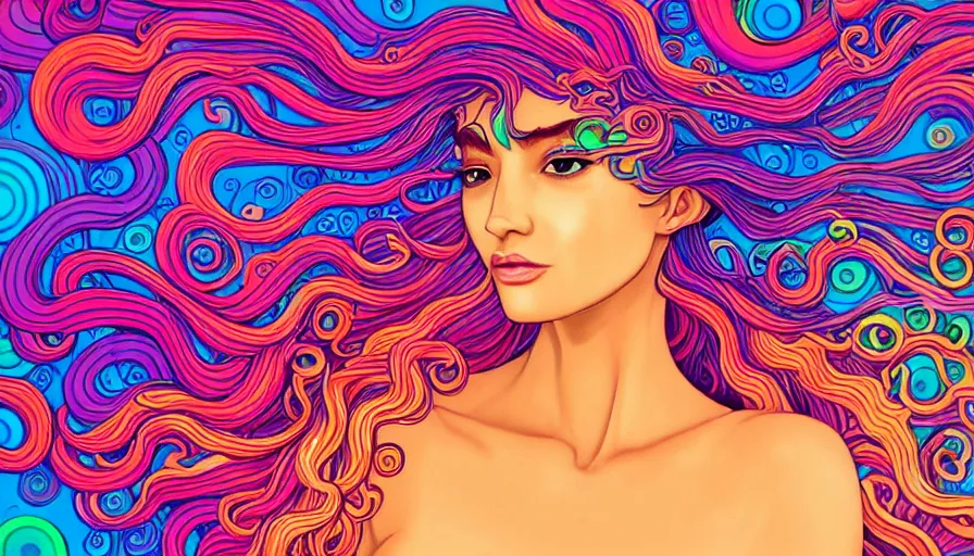 Image similar to a digital painting of a woman with colorful hair made of curly liquid and bubbles, intricate mechanical details, futuristic, a pop art painting by tomokazu matsuyama, behance contest winner, psychedelic art, psychedelic, 2 d, digital illustration, trending on artstation, anime stylized, accurate fictional proportions, high delicate defined details, ethereal lighting