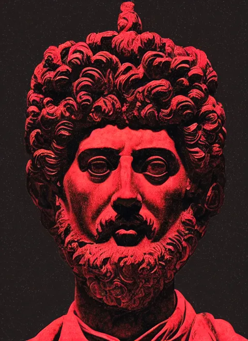 Image similar to design poster showing a statue of marcus aurelius, black background with very subtle red and purple design elements, powerful, nekro, vito acconci, graphic design, collage art, thin lines, dark, glitch art, neo vaporwave, gritty, layout frame, square, trending on artstation