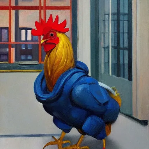 Image similar to a portrait of a robotic rooster wearing a hoodie, a highly detailed edward hopper painting, by adrian ghenie and gerhard richter. art by james gurney. masterpiece, flat surreal design with deep colours. 8 k. artstation