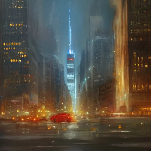 Image similar to a painting of new york city, september 1 1, 2 0 0 1's, ultra - realistic, color, concept art, intricate details, night, thunder, raining, eerie, highly detailed,, dark fantasy, photorealistic, octane render, 8 k, unreal engine 5. art by artgerm and greg rutkowski