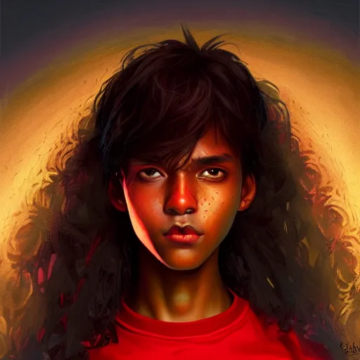 Image similar to colorful and festive captivating teenager with straight brown hair covering his eye, dark skin, big lips, big eyes, wearing a red t - shirt. rich vivid colors, ambient lighting, dynamic lighting, 4 k, atmospheric lighting, painted, intricate, highly detailed by charlie bowater