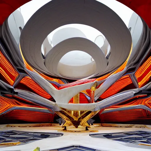 Prompt: interior of a futuristic organic scifi temple with gold, red and white marble panels, in the desert, by buckminster fuller and syd mead, intricate contemporary architecture, photo journalism, photography, cinematic, national geographic photoshoot