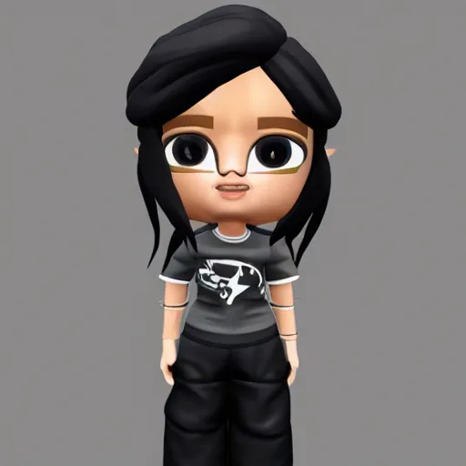 Prompt: a skin model inspired by the 2000s, she has long black hair, sweat pants, and a white sweater that says epic games inspired by fortnite game style