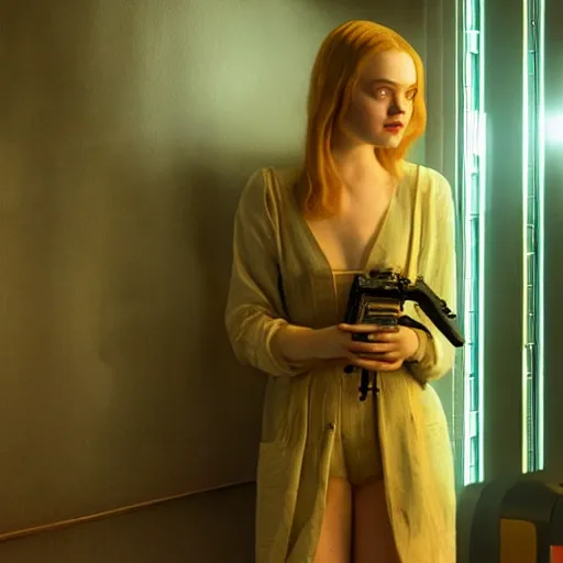 Image similar to Elle Fanning in dead space in the world of Edward Hopper, extremely detailed masterpiece, oil on canvas, low-key neon lighting, artstation, Blade Runner 2049, Roger Deakin’s cinematography, by J. C. Leyendecker and Peter Paul Rubens,