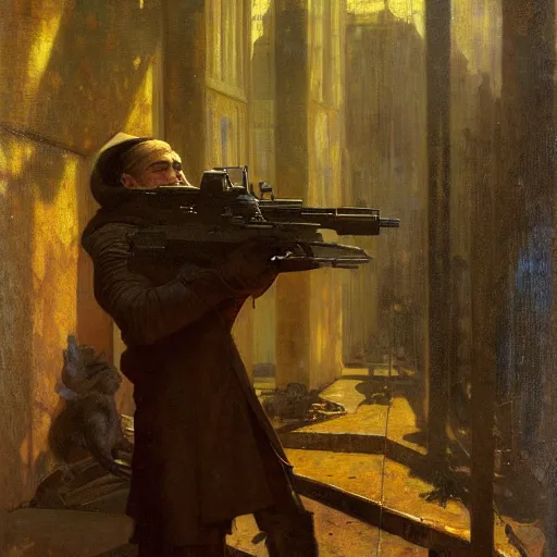 Image similar to half portrait of squirell with a gun! jeremy mann, jean leon gerome, alphonse mucha, greg rutkowski, hood covers his eyes, ( ( ruins of ancient rome ) ), at dusk, mysterious atmosphere, sunrays, dof, masterpiece, high detailed, 8 k