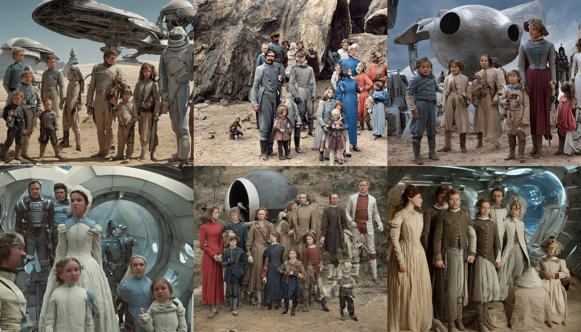 Prompt: sharp focus, highly detailed, 435456k film, 1612800mm film still from a sci fi blockbuster color movie made in 2019, set in 1860, of a family standing in front of a spaceship that has just landed on an alien planet, the family are all wearing 1860s era clothes, good lighting, good photography, ultra high definition, in focus