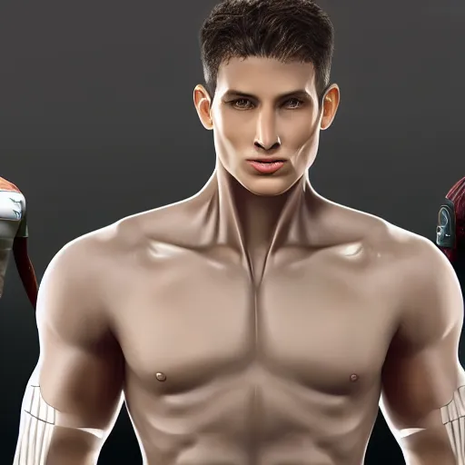 Image similar to a realistic detailed photo of a guy who is an attractive humanoid who is half robot and half humanoid, who is a male android, attractive and handsome soccer players, shiny skin, posing like a statue, blank stare, in a factory, on display, showing off his muscles, wearing soccer shorts, side view, looking at each other mindlessly