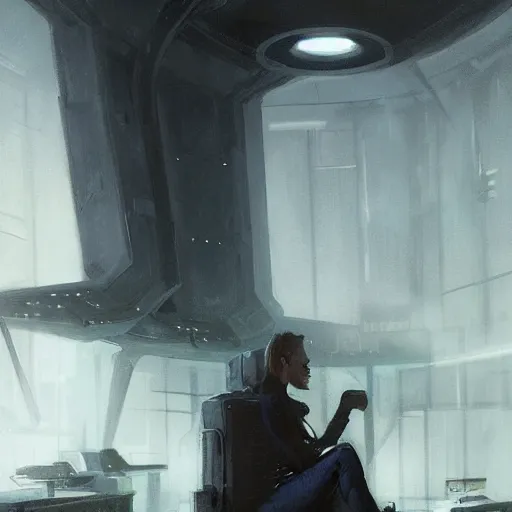 Image similar to concept art by greg rutkowski, a very tall, and slender man with messy blond hair, wearing a black sweater, sitting in the spaceship command bridge, brutalist futuristic interior, dark lighting atmosphere, detailed portraits, nostalgic atmosphere, scifi, digital painting, artstation, concept art, smooth, sharp foccus ilustration, artstation hq