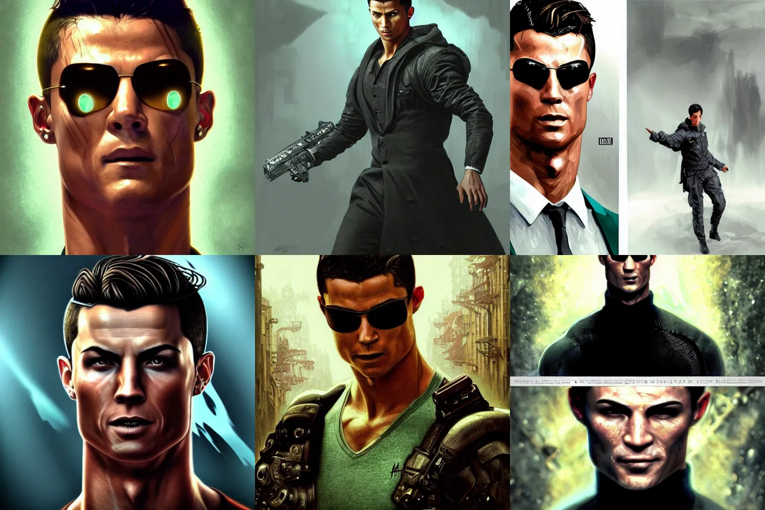 Image similar to cristiano Ronaldo the Matrix movie character, highly detailed, digital fantasy character, painted portrait, artstation, concept art, hard focus, illustrations, works by Artgerm and Greg Rutkowski, Alphonse Mucha and Craig Mullins, James Jean, Andrey Ryabovichev, Mark Simonetti and Peter Morbacher, 16k,