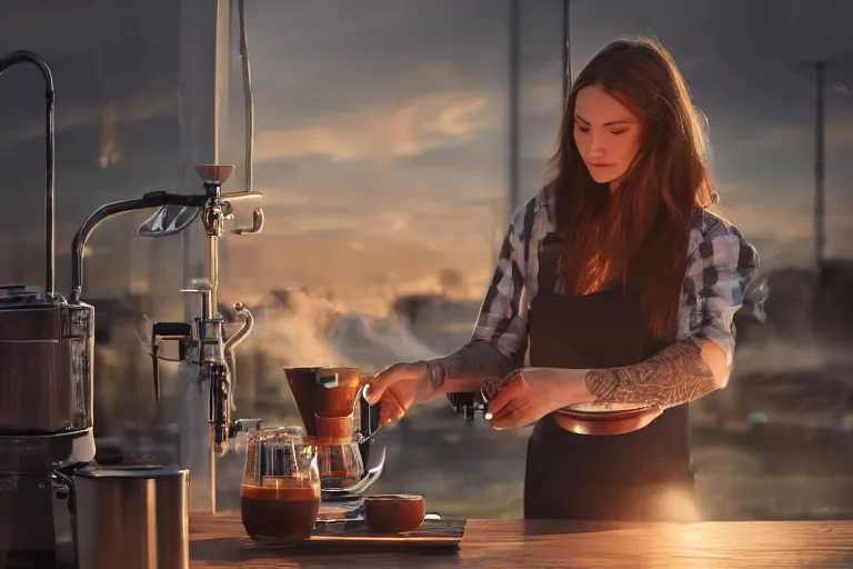 Image similar to hyperrealistic portrait of stunningly beautiful female nordic barista scarlet Johnson , brewing a V60 coffee outdoor, lit by dawn light, busy city on background, trending on artstation,ultrawide angle, f8 , polarizer , unreal engine