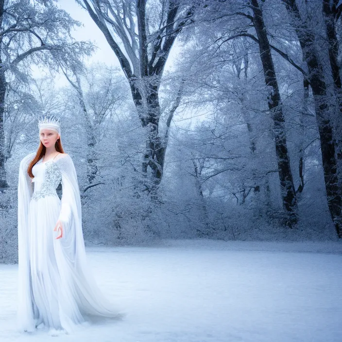 Image similar to photograph of a real-life beautiful ice queen with intricate white dress in an ethereal snowy landscape. Extremely detailed. 8k