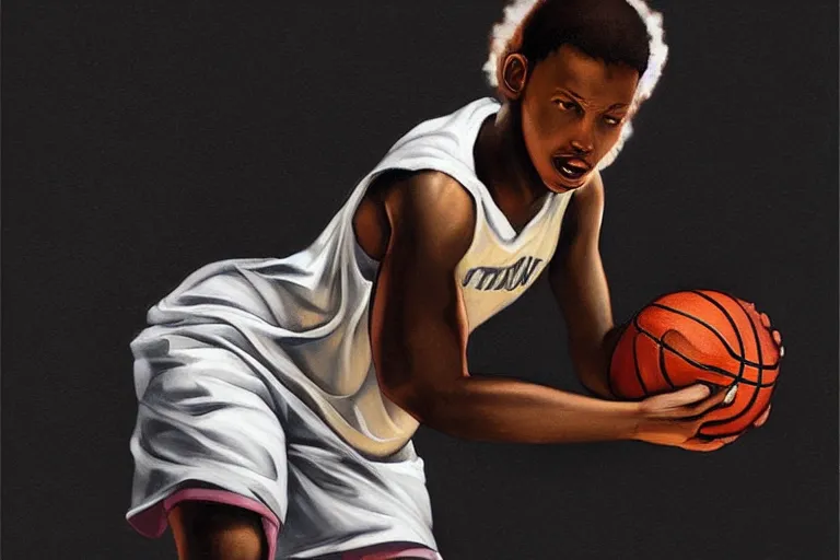 Prompt: black teen playing basketball alone, digital renaissance painting by artgerm by caravaggio and face by wlop