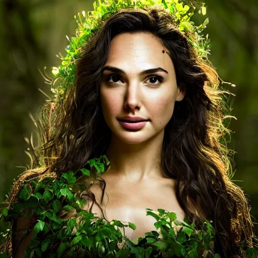 Image similar to Portrait of the beautiful woman Gal Gadot as a dryad, she has those characteristic sparkling green eyes, she is looking straight to the camera, she has a glow coming from her, she is getting illuminated for rays of light, behind her is an ancient forest full of life, the photo was taking by Annie Leibovitz, Ellie Victoria Gale and Steve McCurry, matte painting, oil painting, naturalism, 4k, 8k