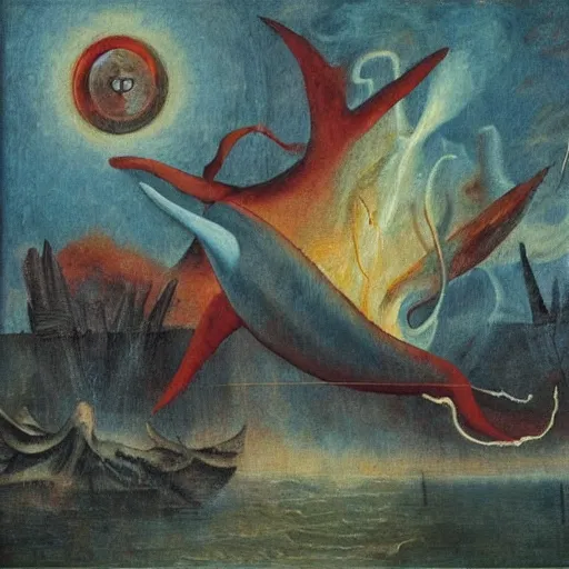 Prompt: bosch oil painting of an abstract silicon whale god of fire, flying over tormented people in a lake