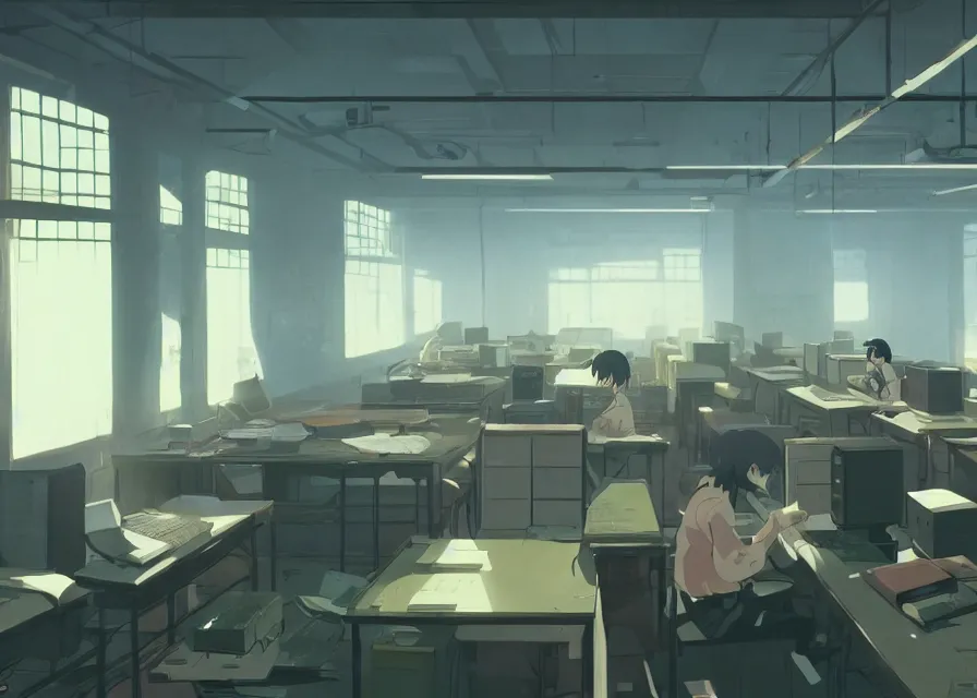 Image similar to an interior room with old pc computers stacked on the walls and people sitting at desks, makoto shinkai, dusty