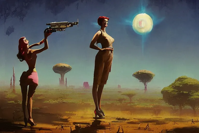 Image similar to 5 0 s pulp scifi illustration, woman holding retro ray gun stands beside tall martian creature, beautiful landscape, plain stretching into distance, pond, baobab trees, painted by bergey, craig mullins, ruan jia, raymond swanland, jeremy mann, beksinski, jack kirby, tom lovell, alex malveda, schomburg