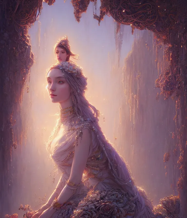 Image similar to highly detailed portrait of beautiful ethereal woman in ornate clothing, stephen bliss, unreal engine, fantasy art by greg rutkowski, loish, rhads, ferdinand knab, makoto shinkai and lois van baarle, ilya kuvshinov, rossdraws, tom bagshaw, global illumination, radiant light, detailed and intricate environment