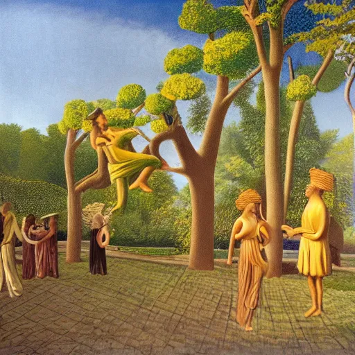 Image similar to Installation art, the warm, golden light of the sun casts a beautiful glow on the scene, and the gentle breeze ruffles the leaves of the trees. The figures in the installation art are engaged in a simple activity, the way they are positioned and the expressions on their faces suggest a deep connection. Peace and contentment, idyllic setting. mexican muralism by Maurice Sendak precise, churning