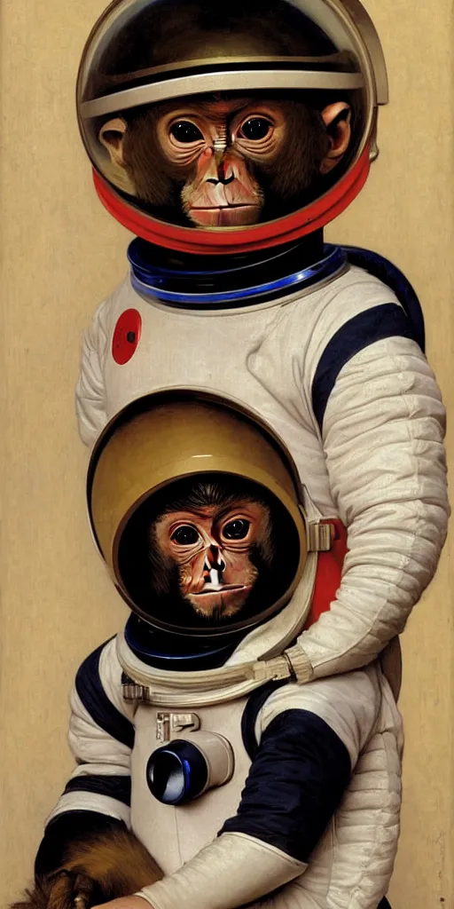 Image similar to portrait of a monkey wearing a spacesuit and an astronaut helmet, by bouguereau