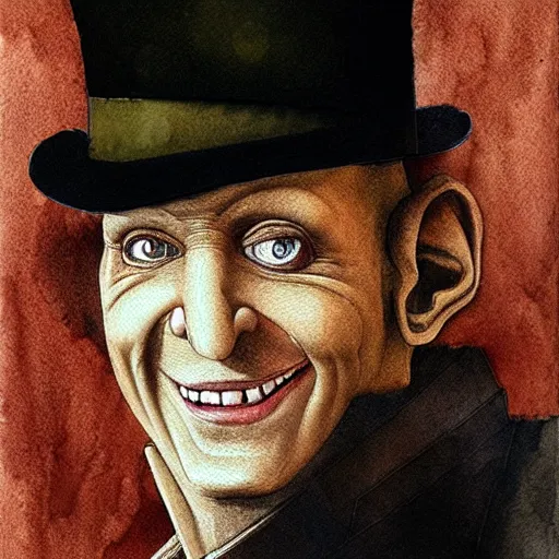 Prompt: portrait of inspector gadget manically laughing, it is evening, the mood of the picture is dark and menacing, watercolor ,hyper detailed, hyper realistic, by Leonardo da Vinci