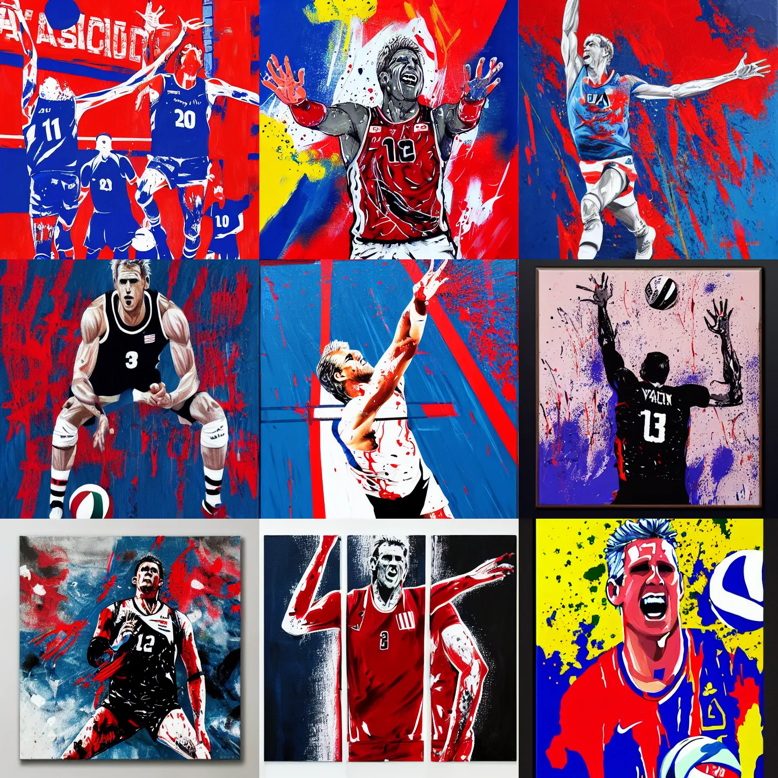 Prompt: karch kiraly, vertical leap, back row attack, usa volleyball, acrylic on canvas, splattered paint, black background, trending on artstation