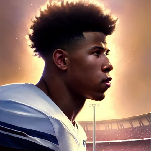 Image similar to highly detailed portrait of saquon barkley towering over a football stadium, unreal engine, fantasy art by greg rutkowski, loish, rhads, ferdinand knab, makoto shinkai and lois van baarle, ilya kuvshinov, rossdraws, tom bagshaw, global illumination, radiant light, detailed and intricate environment h 6 0 4