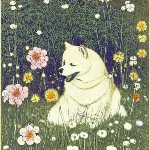 Image similar to an akita inu sitting in a moonlit field of flowers, by warwick goble and kay nielsen