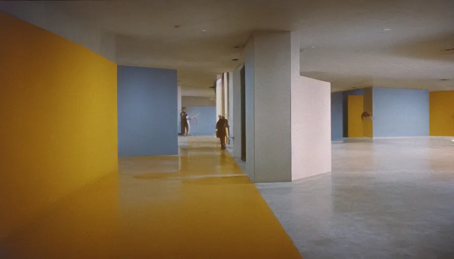 Image similar to 60s movie still of a sovietic stalinist style empty art museum with a toilet siege with yellow tiles, cinestill 800t 50mm eastmancolor, liminal Space style, heavy grain