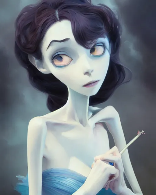 Prompt: still film, elegant mysterious gracious undead millie bobbin brown from the corpse bride if made by krenz cushart and wenjun lin, portrait, illustration, rim light, top light, summer clear blue sky, perfectly shaded, soft painting, epic, intricate, art