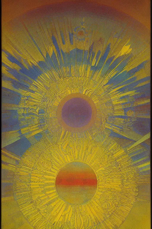 Prompt: radial geometric sun blazing over a surreal geometric landscape, mikalojus konstantinas ciurlioni, mucha