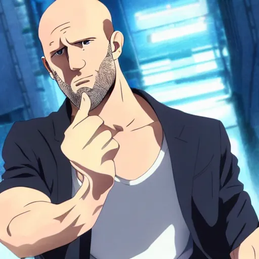 Prompt: jason statham as anime character, kyoto animation, magical