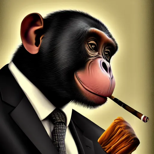 Image similar to a high detail photo of an antropomorphic chimp wearing a suit smoking a cigarrette, subject= chimp, subject detail: wearing a suit, subject action: smoking a cigar, photorealism, dramatic lighting, award winning photograph, trending on artstation