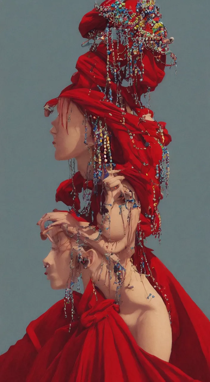 Image similar to a female character design wearing high fashion, beads hanging over her face like an alexander mcqueen headdress, haute couture, dior, and a red cape by kawase hasui, moebius, edward hopper and james gilleard, zdzislaw beksinski, steven outram colorful, hd, 8 k, artstation, high quality, ultra detailed