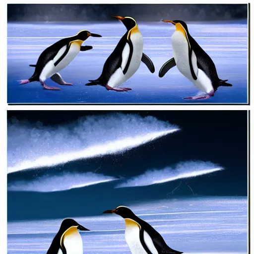 Image similar to penguins running away from lightening strikes while running on ice,, highly detailed, high quality, 8 k, soft lighting, art by mary jackson