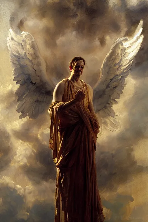 Image similar to beautiful detailed expressive impressionistic oil painting portrait of ancient roman god emperor steve buscemi levitating in angelic pose wearing the civic crown, art by anders zorn, wonderful masterpiece by greg rutkowski, expressive brush strokes, beautiful cinematic light, american romanticism by greg manchess, jessica rossier