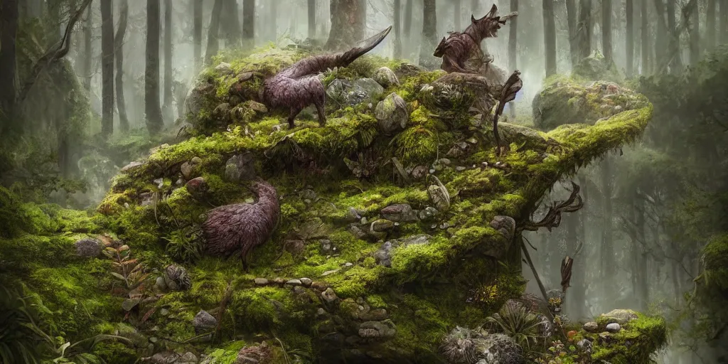 Image similar to Viking mount with bauta stones, densley overgrown with moss, plants, flowers, ferns, some fireflies flying in the air, atmospheric, amazing and immaculate scale, trending on Artstation, digital art