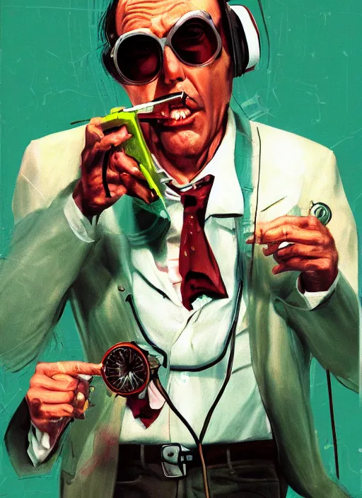 Prompt: Fear & Loathing in Las Vegas style movie poster artwork, Rendering of Hunter S Thompson talking on a rotary telephone at his desk late at night smoking a cigarette with a long filter and wearing a green accountants visor, clean, full of detail, Matte painting, trending on artstation and unreal engine