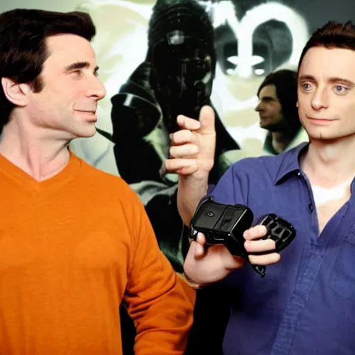 Prompt: john travolta and elijah wood playing xbox ps 2