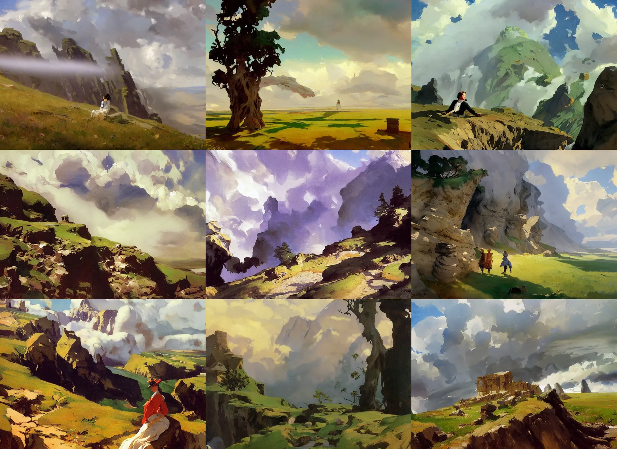 Prompt: painting by sargent and leyendecker and greg hildebrandt savrasov levitan polenov, studio ghibly style mononoke, huge giant old ruins, middle earth above the layered low clouds praire road to sea lakes stones plain land overcast faroe azores falklend storm masterpiece