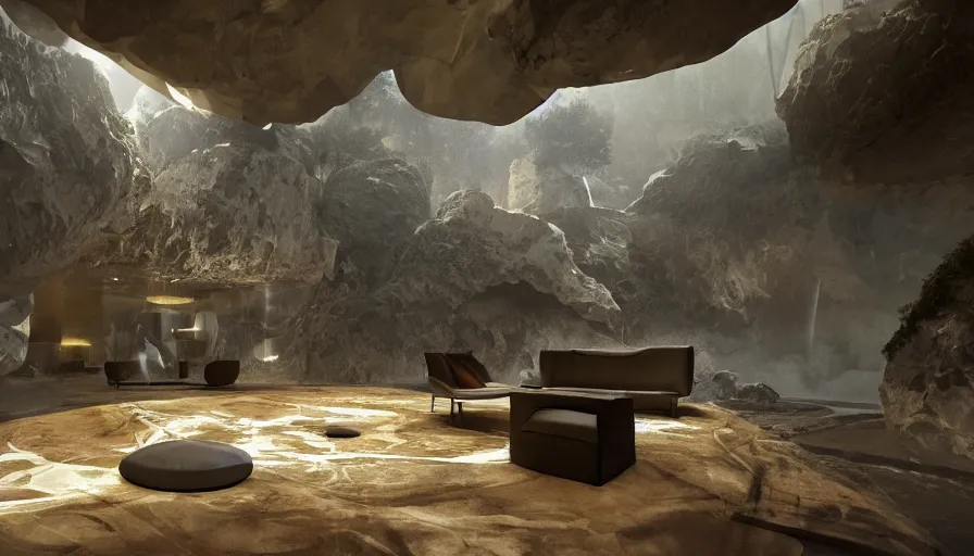 Image similar to a futuristic apartment interior in the style of a waterfall cave, tiger skin carpet, Greek marble statue, high ceiling, dark moody lighting, foggy atmosphere, 16mm lens, by Craig Mullins and frank lloyd wright, octane rendering