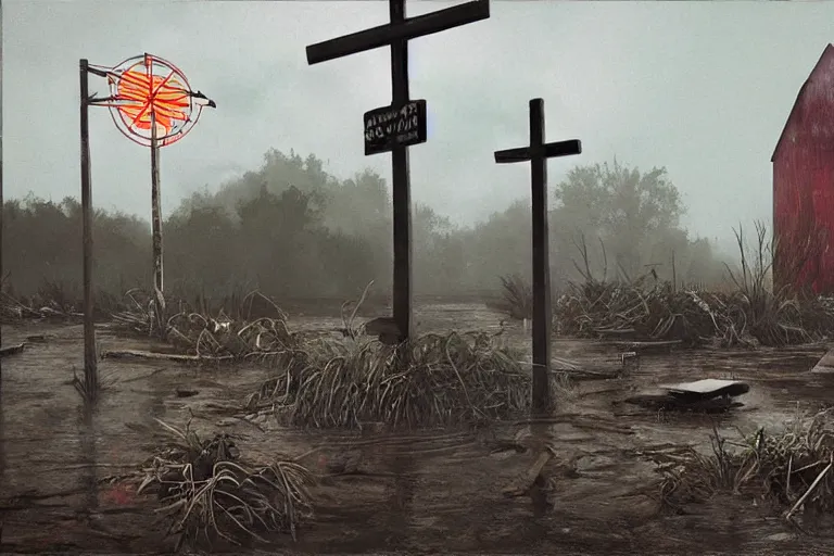 Image similar to scene fromlouisiana swamps, old protestant church with neon cross, junkyard by the road, boy scout troop, voodoo artwork by tim eitel