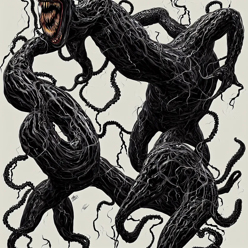 Prompt: full body long shot venom from marvel comics!!!!, large mouth with teeth, lovecraftian horror!, surrealism, fantasy, intricate, elegant, highly detailed, digital painting, artstation, concept art, matte, sharp focus, illustration, art by keith thompson and christopher lane