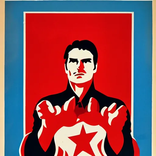 Image similar to Soviet communist propaganda poster of Tom Cruise with his closed fist up in the air, red background, hammer and sickle