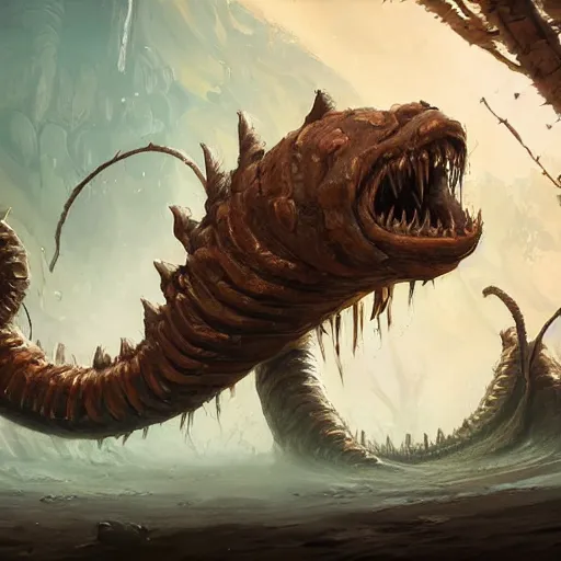 Image similar to a giant worm beast, worm monster, worm mouth, worm round mouth, monster teeth mouth, rock and dust, worm brown theme, bright art masterpiece artstation. 8 k, sharp high quality artwork in style of jose daniel cabrera pena and greg rutkowski, concept art by tooth wu, blizzard warcraft artwork, hearthstone card game artwork, drilling worm monster